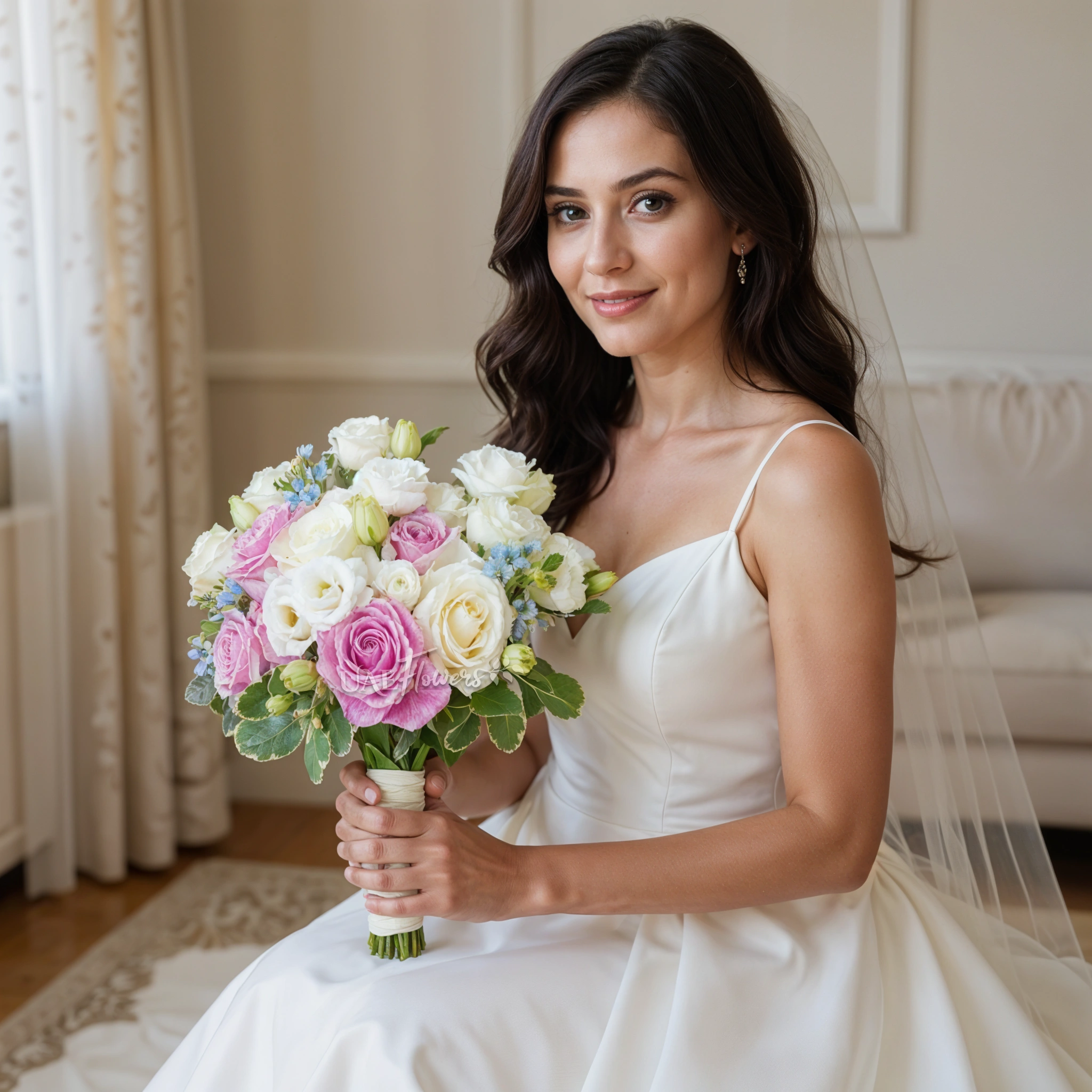 Bridal hand-tied bouquet of 15 pink and white roses, 5 white lisianthus and blue oxypetalum with greens.