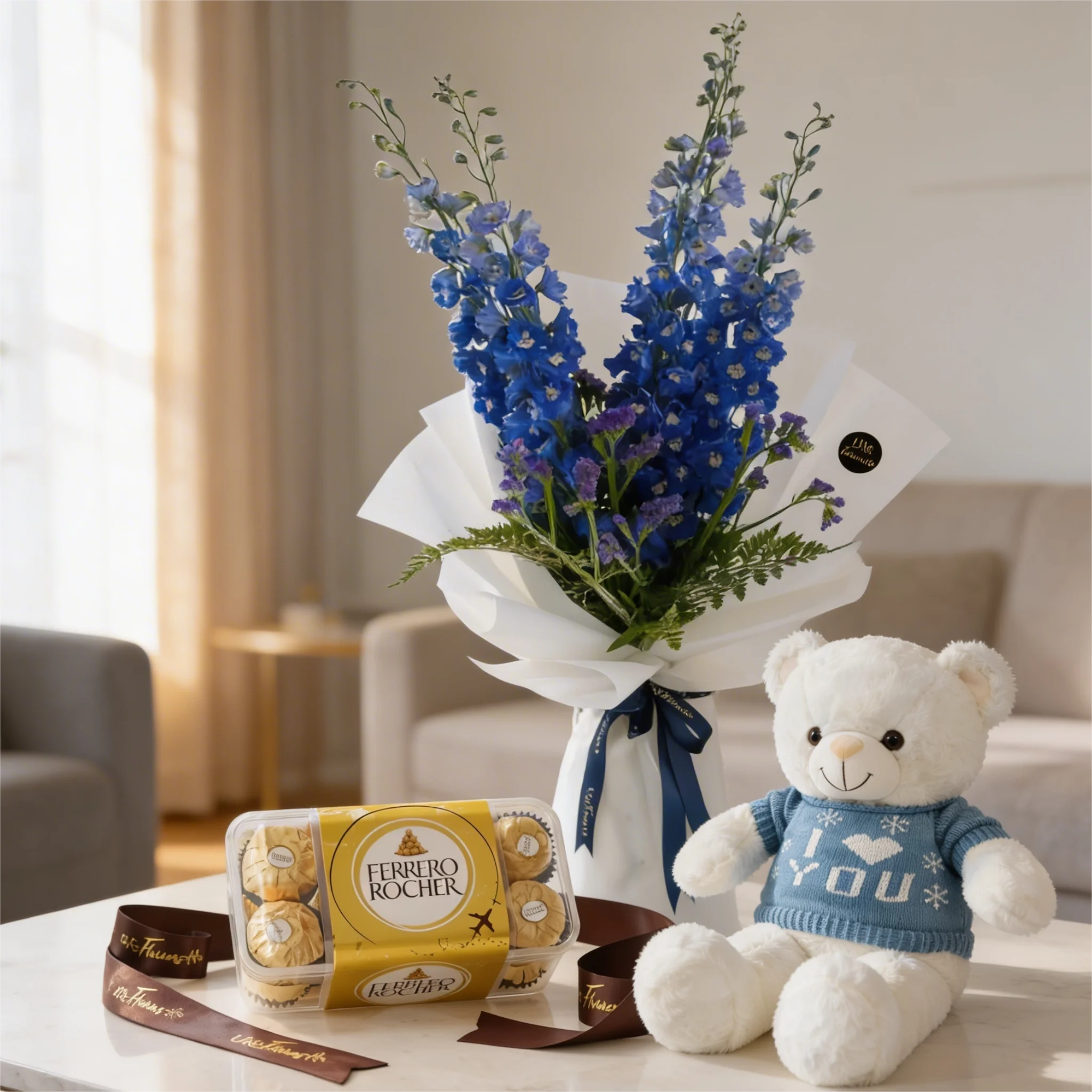 Blue delphinium bouquet with white teddy bear and Ferrero Rocher 16 chocolate gift set