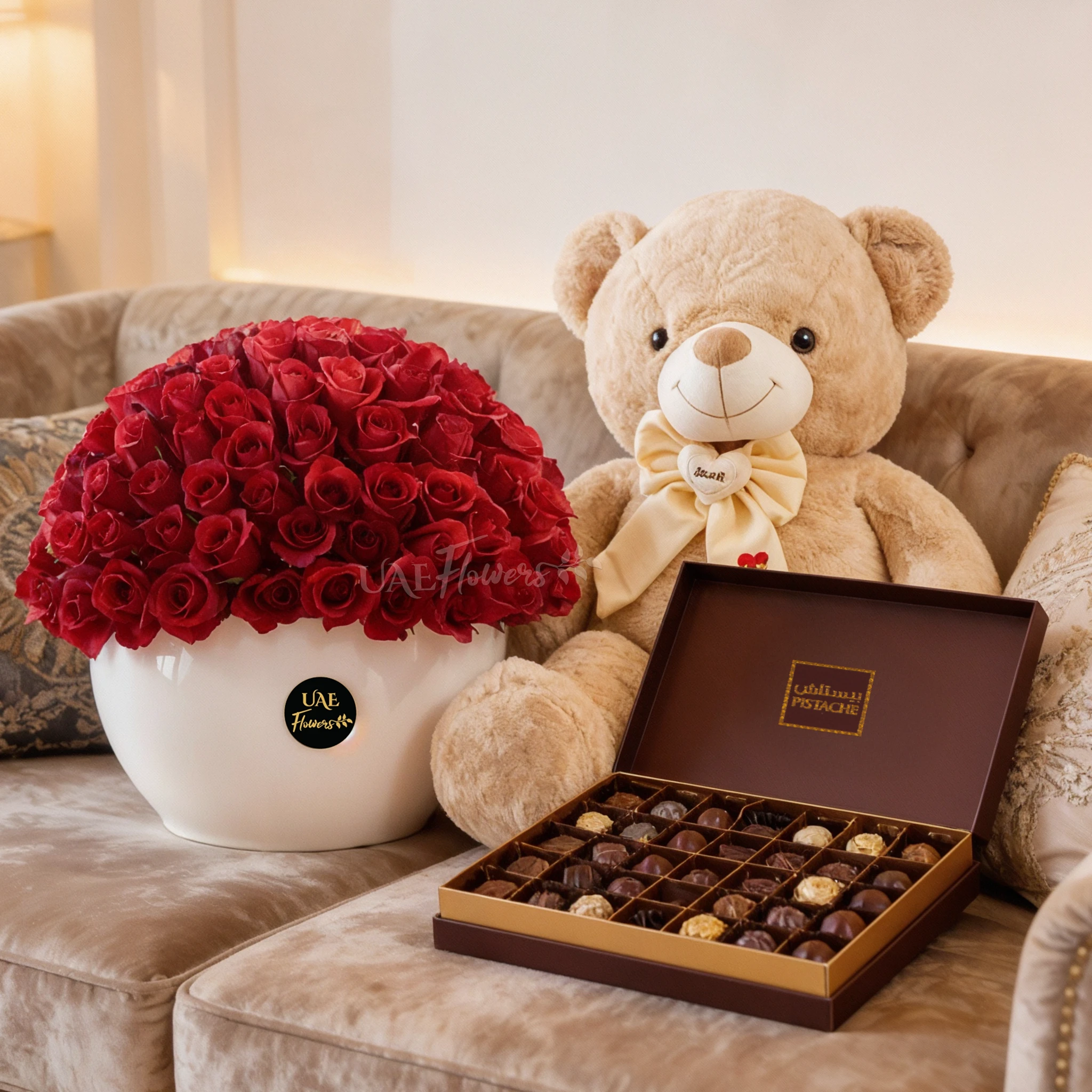 100 red roses in a ceramic pot, 49 Pcs Pistache Luxe Masterpiece Chocolate Box and 130 CM White Teddy Bear.