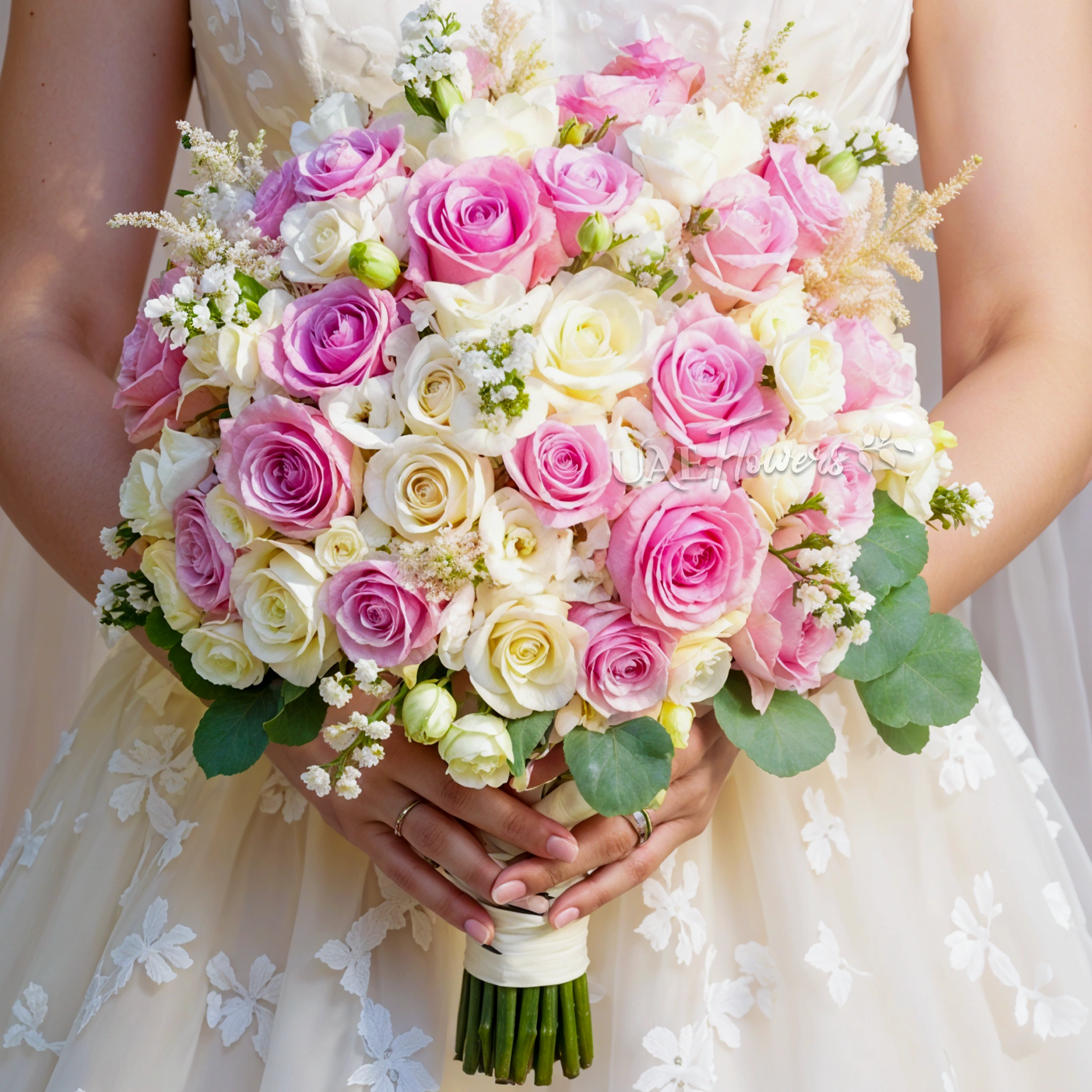 Bridal hand-tied bouquet of pink and white roses, white lisianthus and astible fillers with greens.