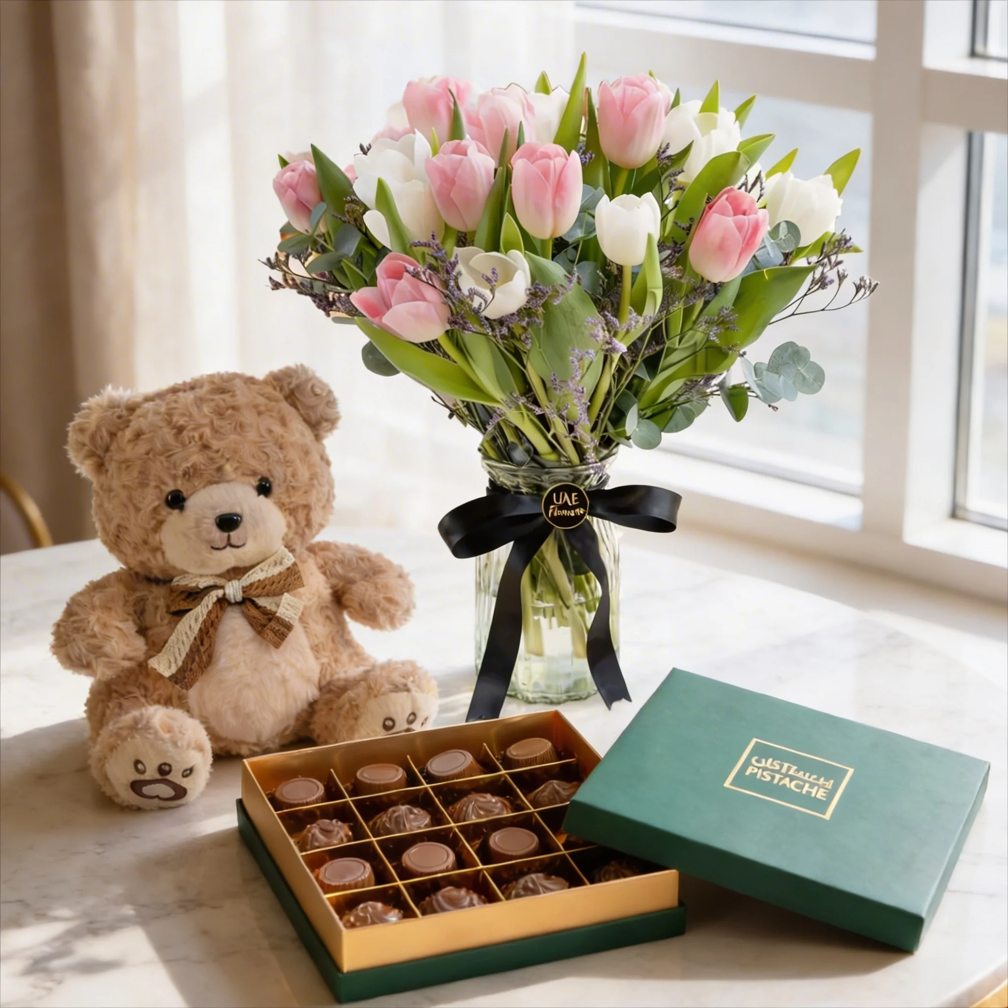 20 pink and white tulips in glass vase with teddy bear and Pistache 16 pcs chocolate box gift combo