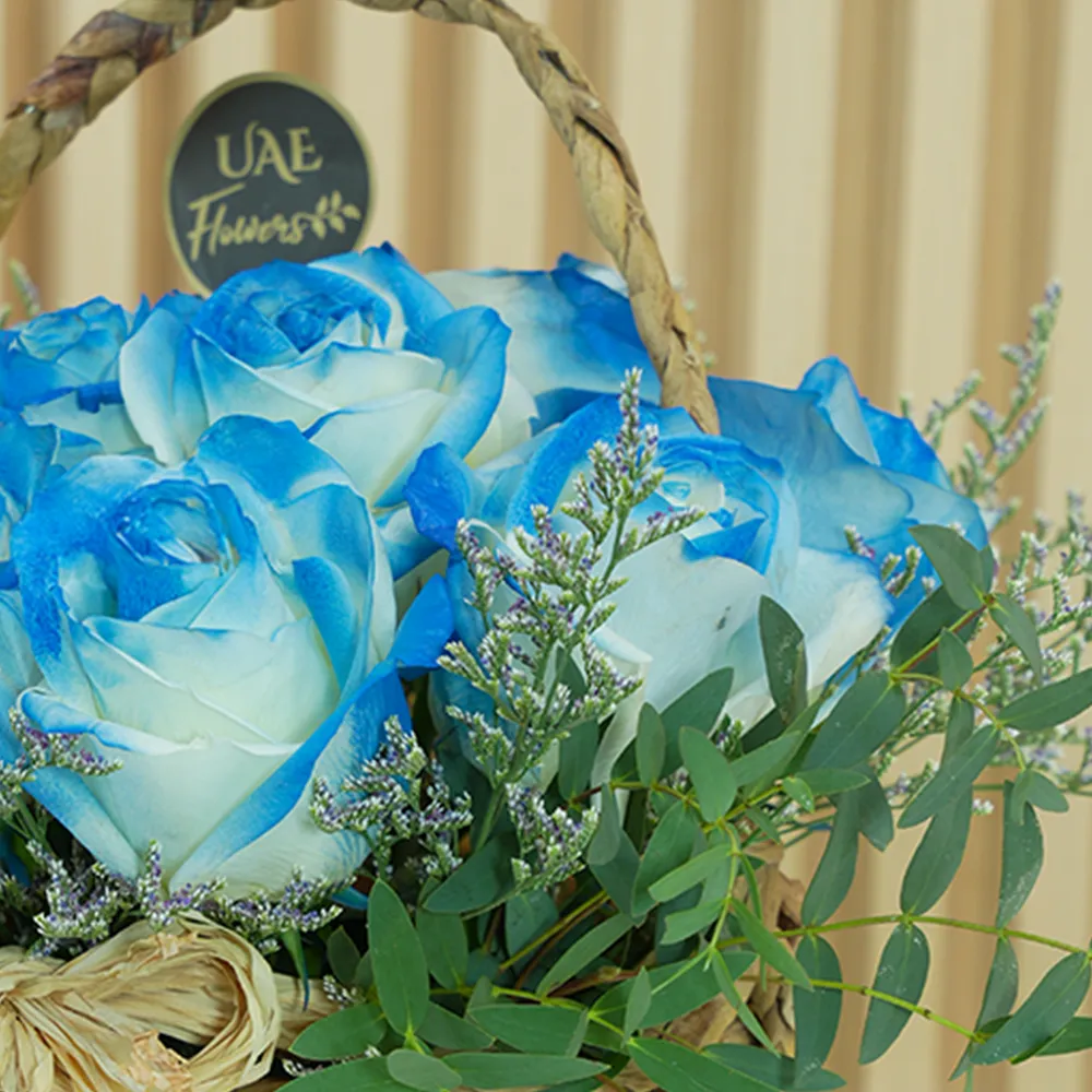 Basket of 10 blue roses with fillers