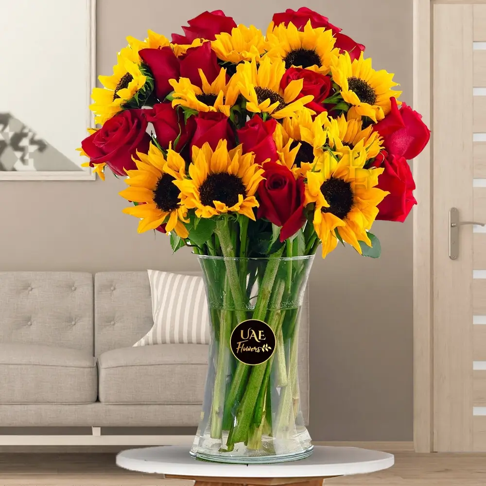 12 sunflowers & 12 red roses in a vase