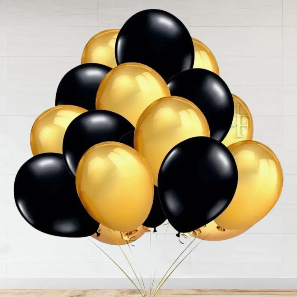 15 pieces of gold & black latex balloons