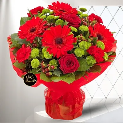 red bouquet of gerberas, roses, carnations, green chrysanthemums