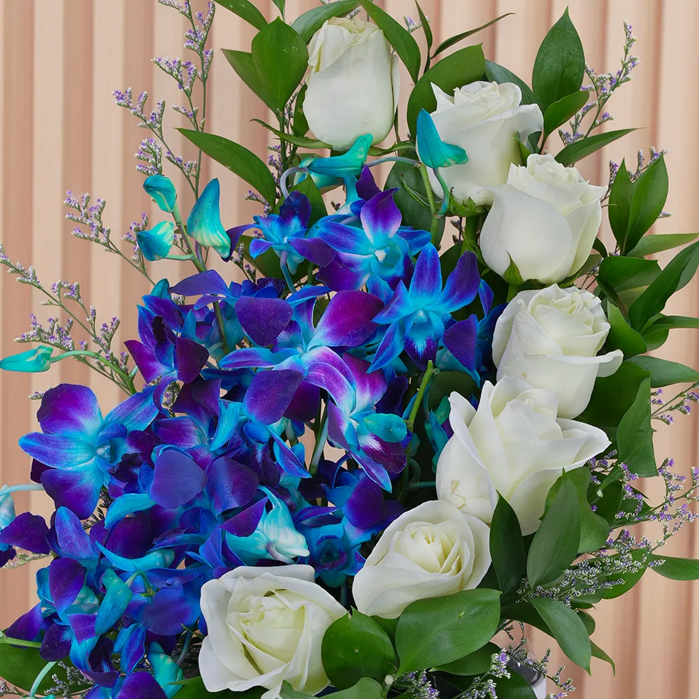 floral box with 7 white roses, 5 blue orchids, and fillers
