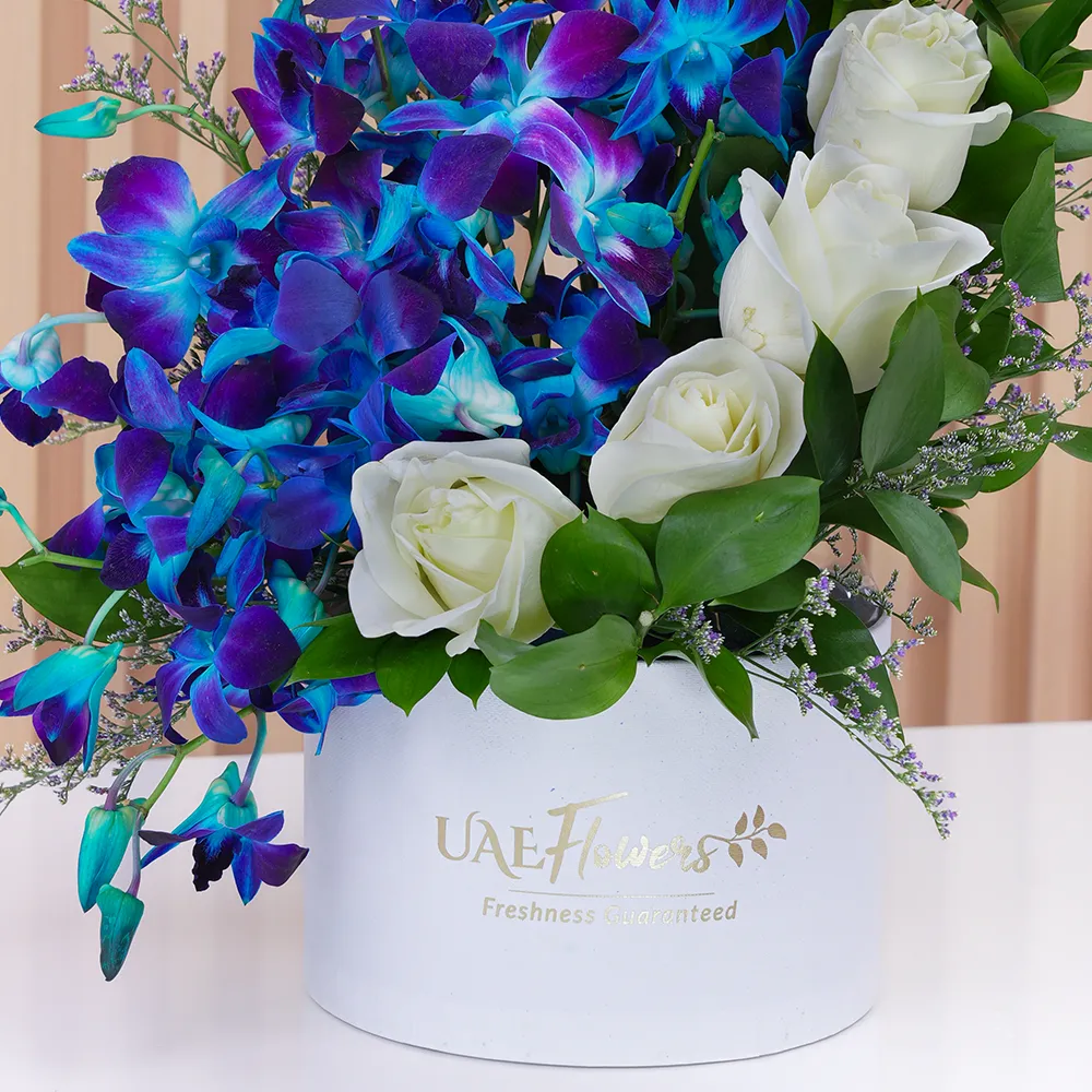 floral box with 7 white roses, 5 blue orchids, and fillers