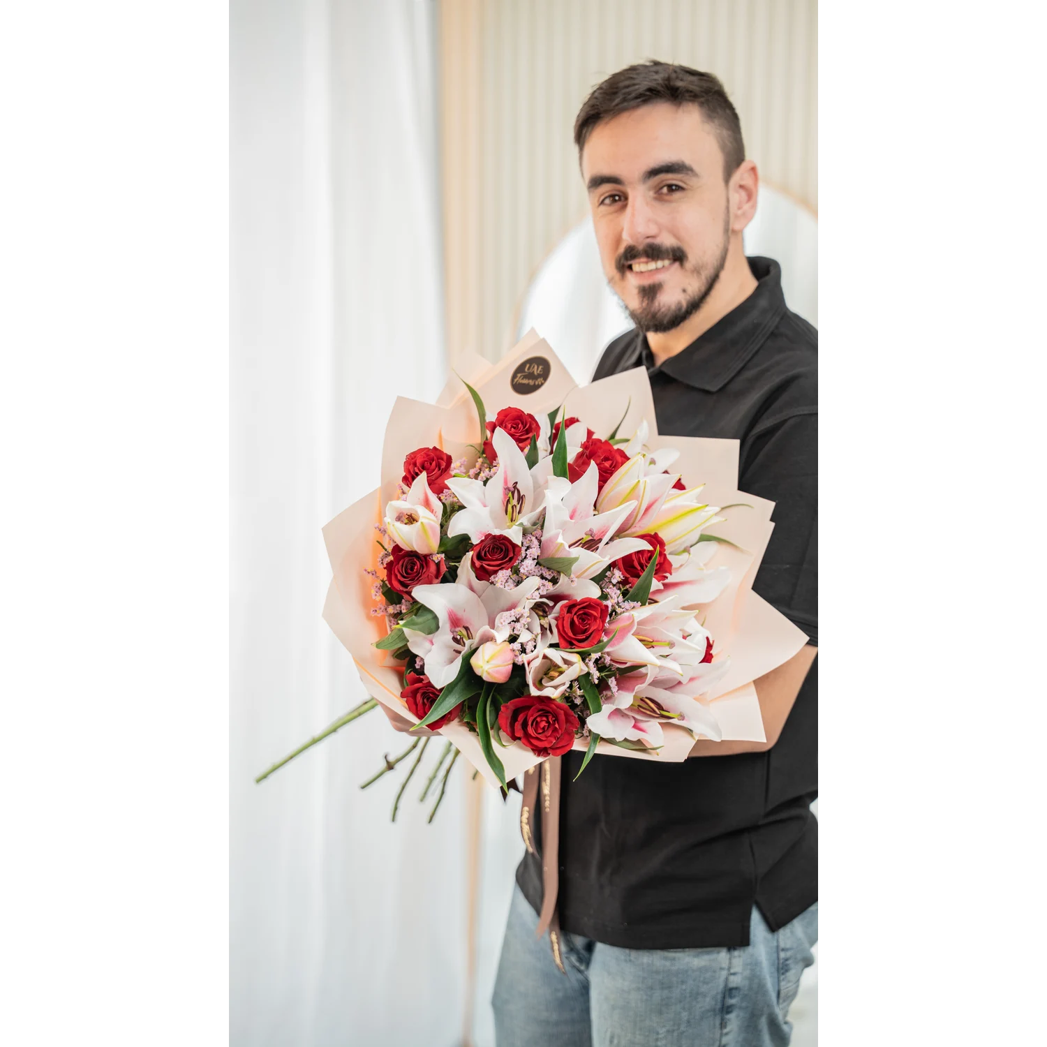 red roses, pink stargazer lilies