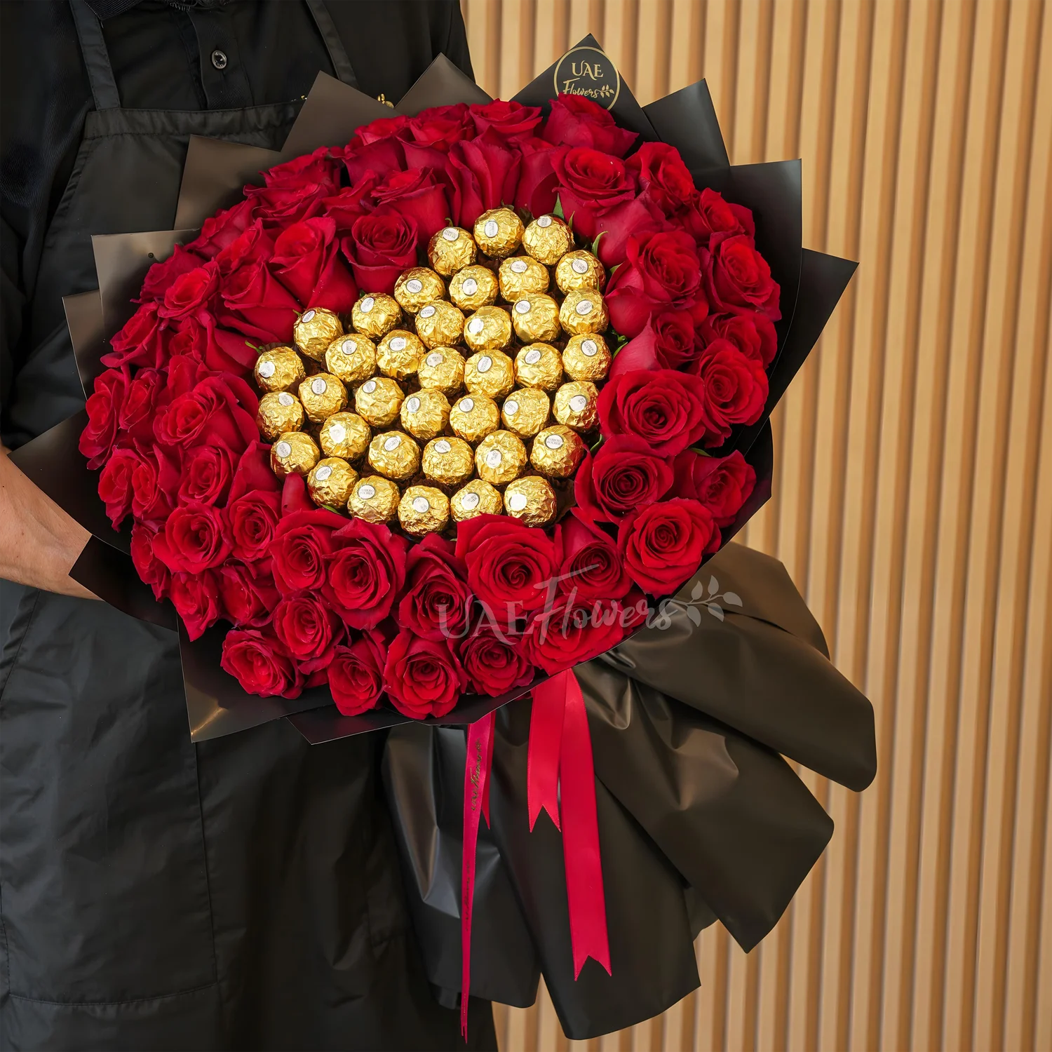 bouquet of 50 red roses with 32 Ferrero Rocher chocolates