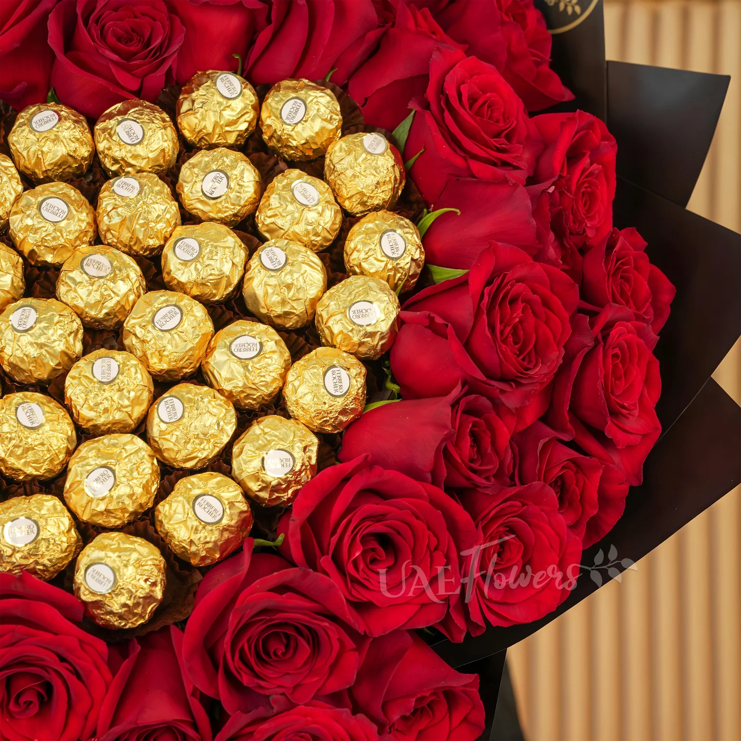 bouquet of 50 red roses with 32 Ferrero Rocher chocolates