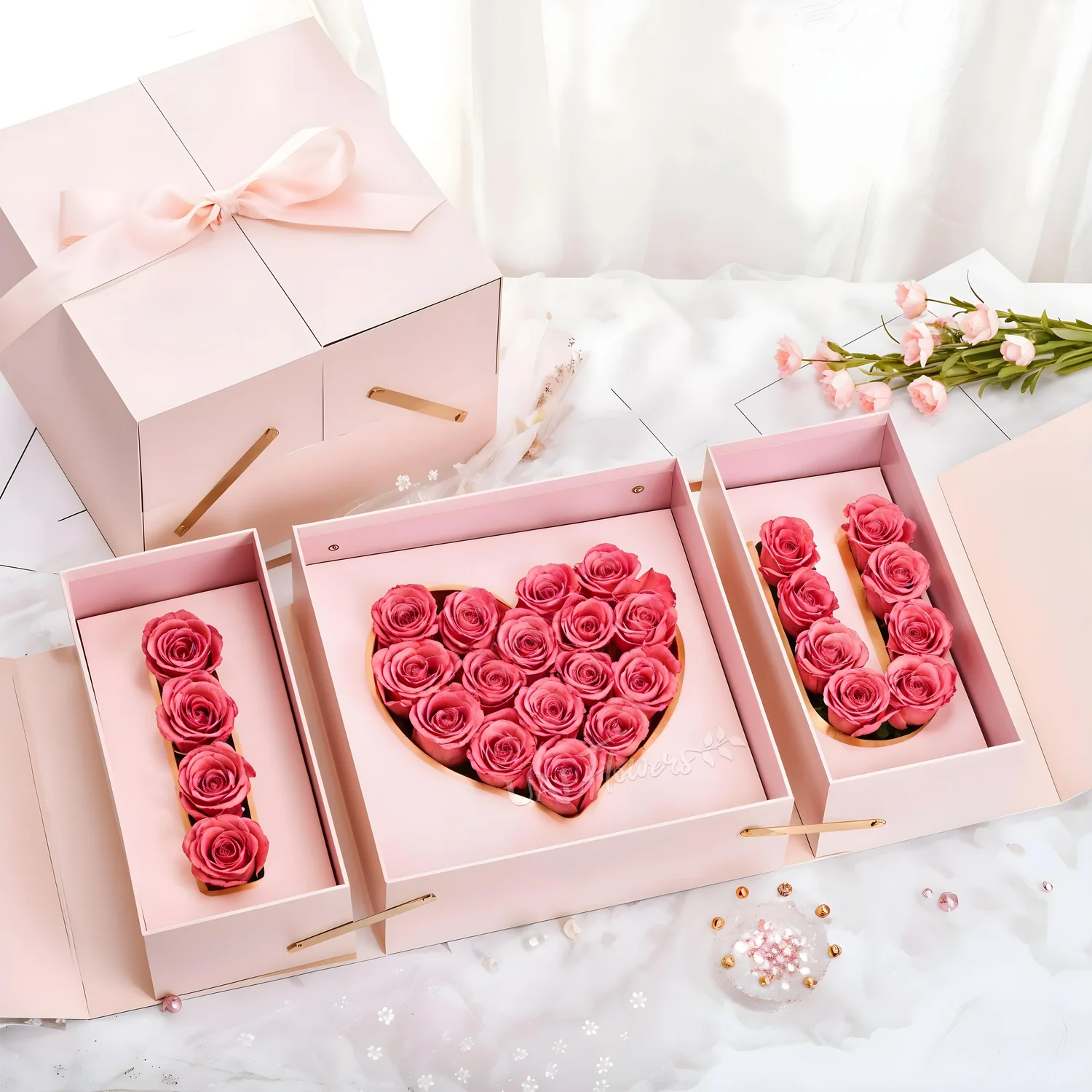 30 pink roses crafted into an I Love You Shape in a pink box