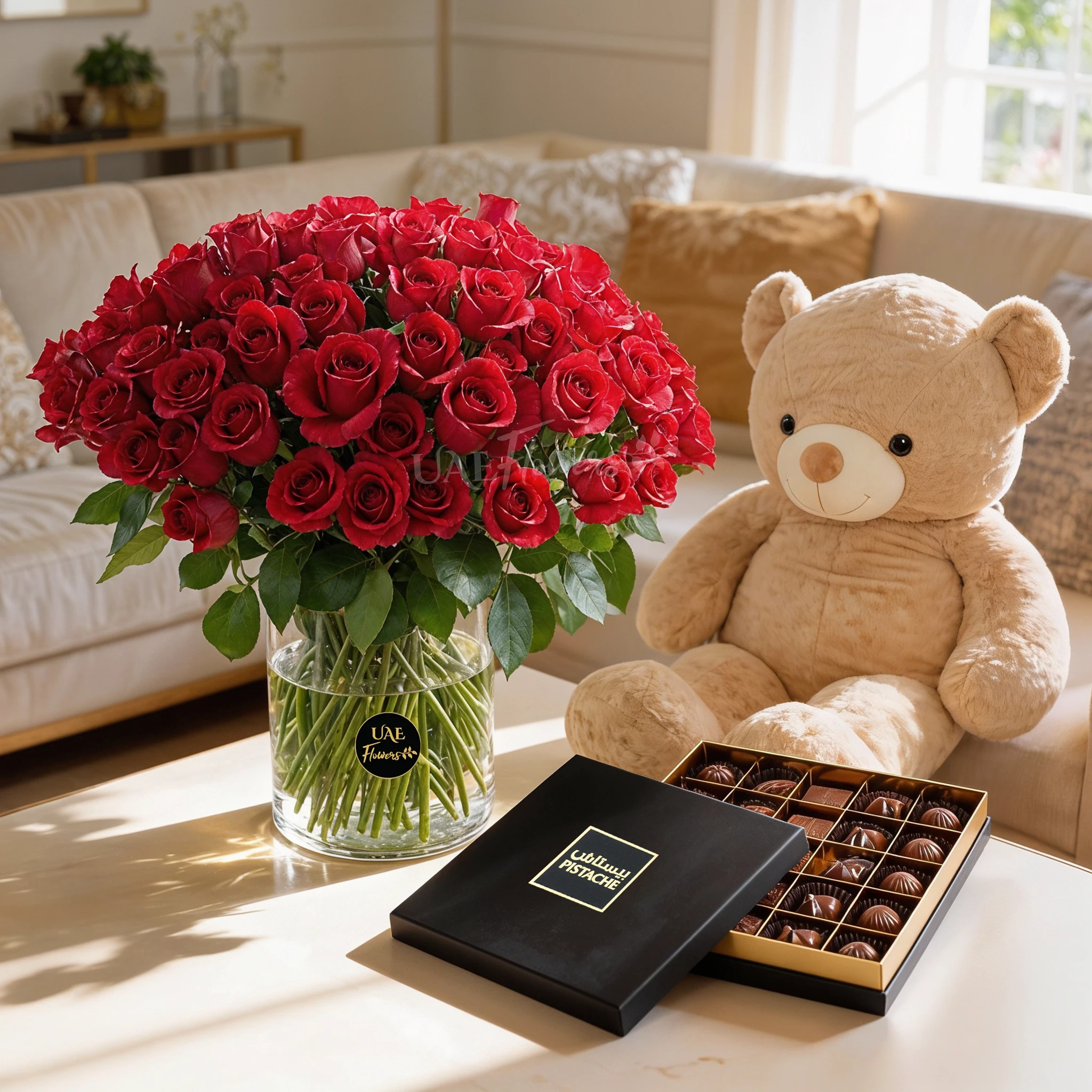 100 red roses with green fillers in glass vase, 130CM teddy bear and 25 Pcs Pistache Signature Temptation Chocolate Box.