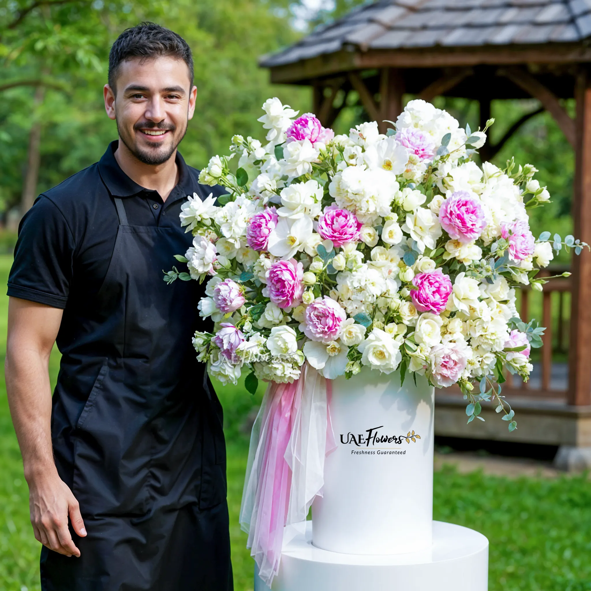 An arrangement of white hydrangeas, pink peonies, white roses, white matthiola and white spray roses with green fillers and pink & white net in a tall round box.