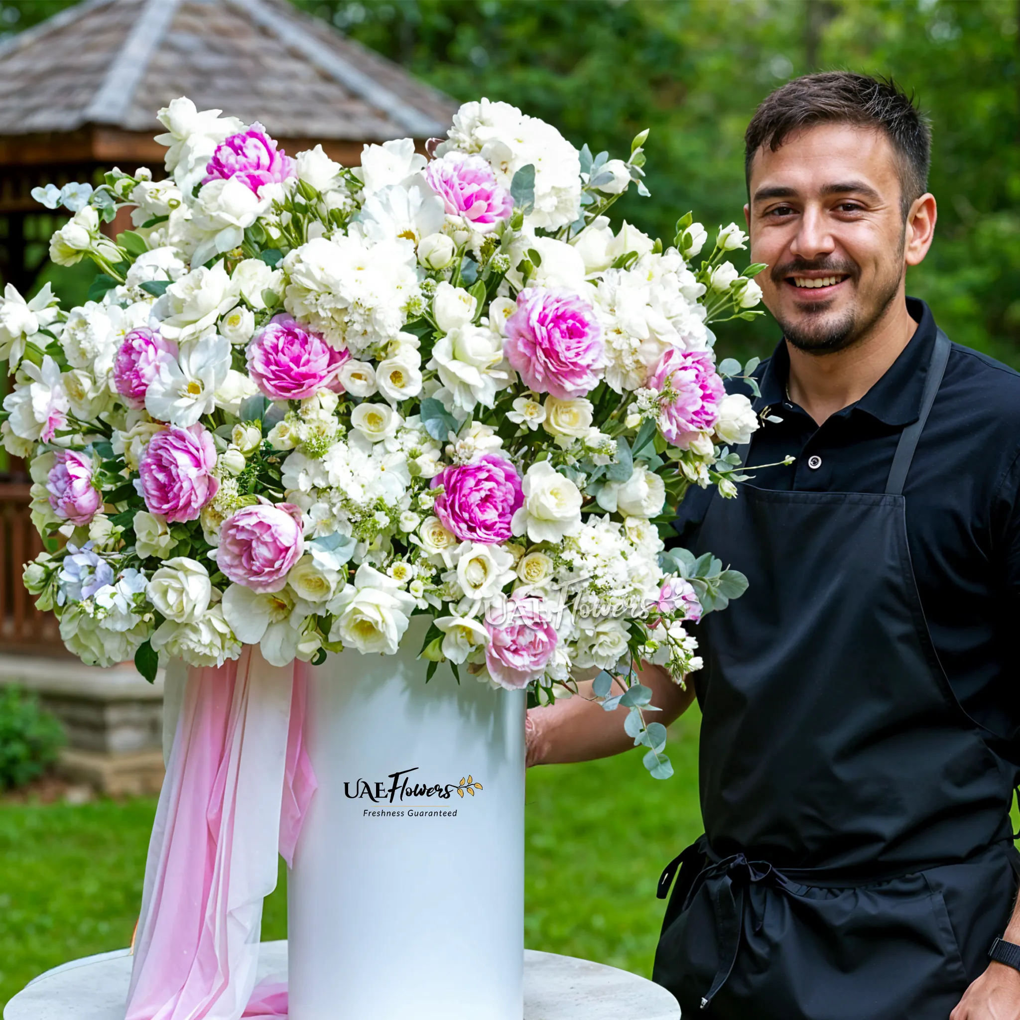 An arrangement of white hydrangeas, pink peonies, white roses, white matthiola and white spray roses with green fillers and pink & white net in a tall round box.