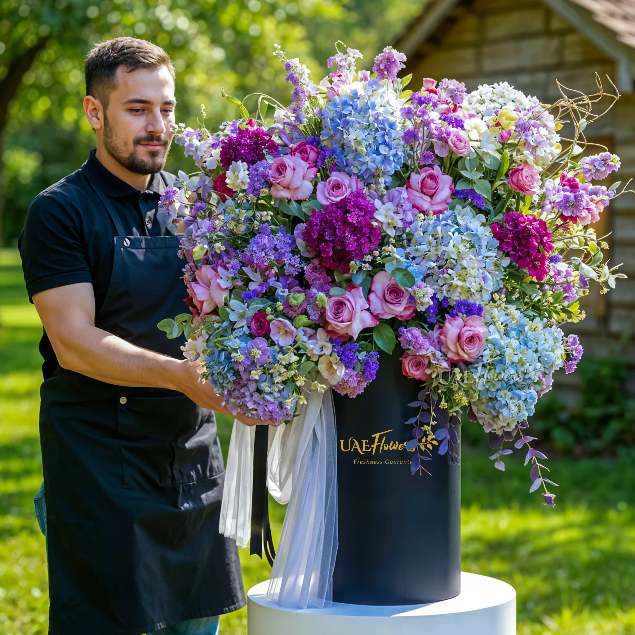 An arrangement of blue hydrangeas, purple roses, purple lisianthus, purple chrysanthemums, purple matthiola and green fillers and blue net in a tall round box.