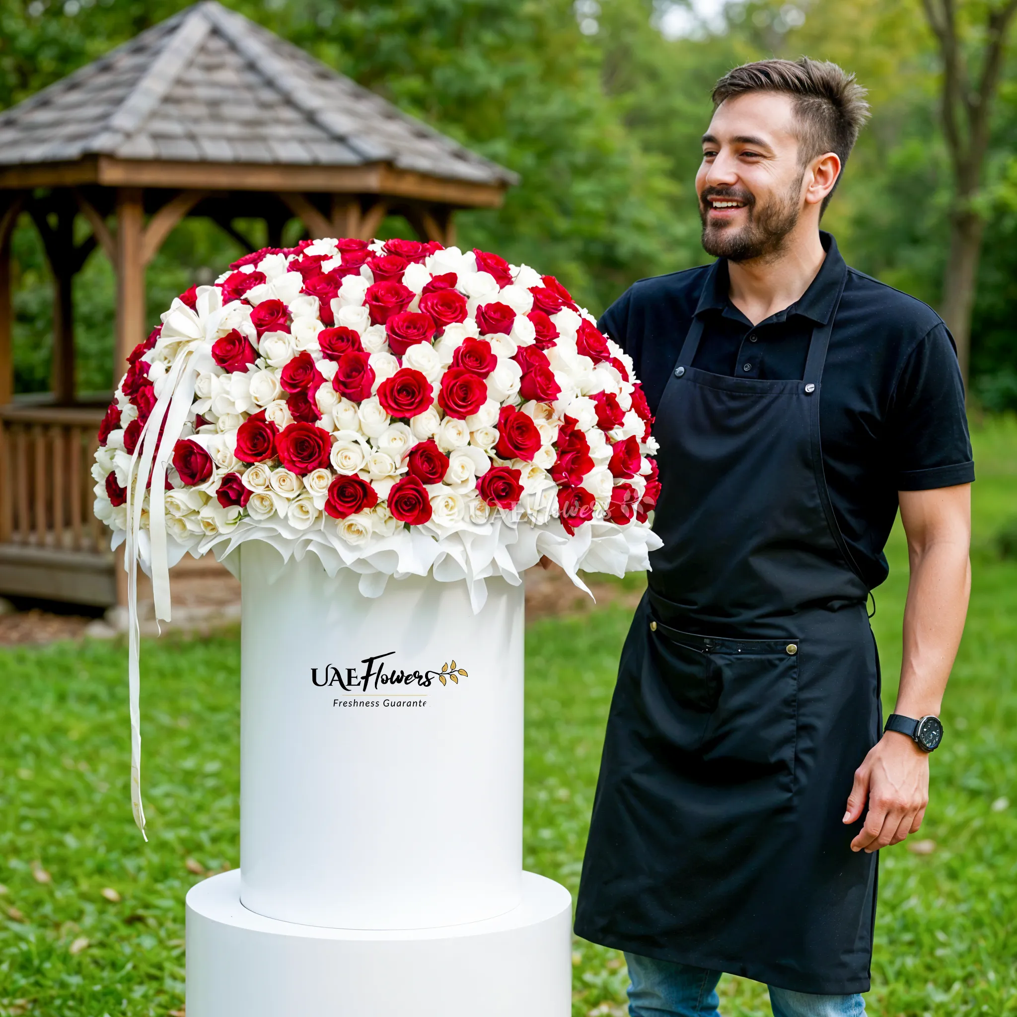 Full round arrangement of 300 red and white roses in a tall round box.