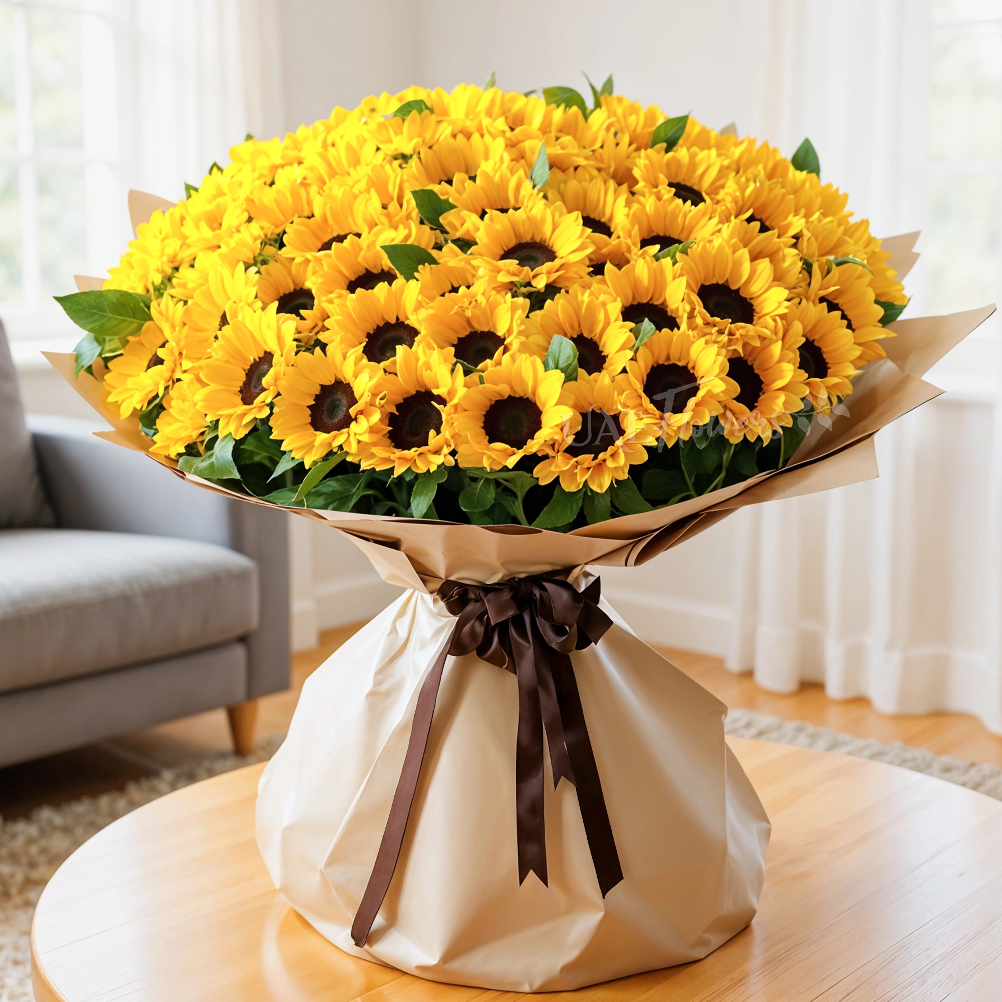 large bouquet of 50 sunflowers with fillers