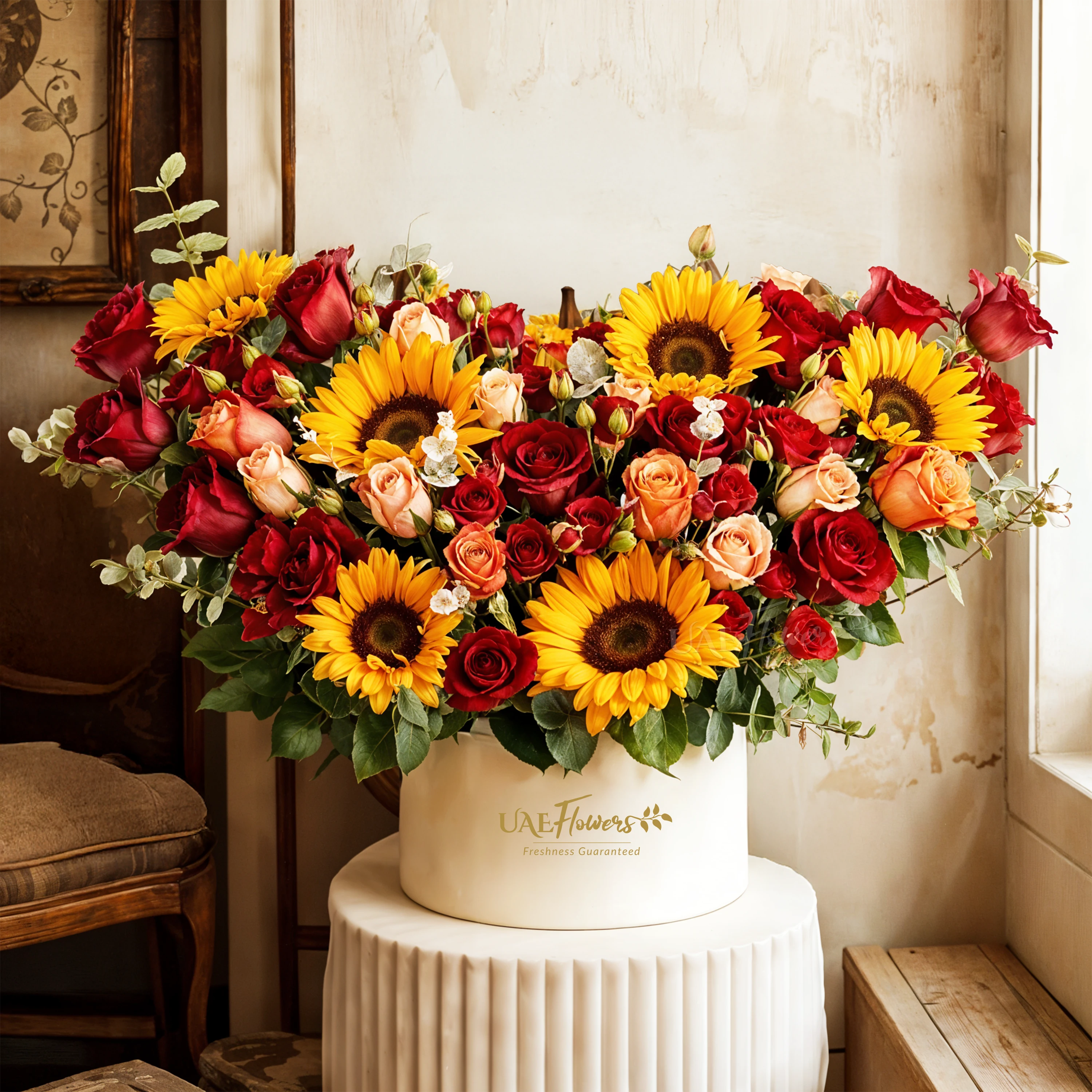 A box arrangement of 6 sunflowers, 12 red roses, 3 red spray roses, 2 orange spray roses and 2 pink spray roses with green fillers.
