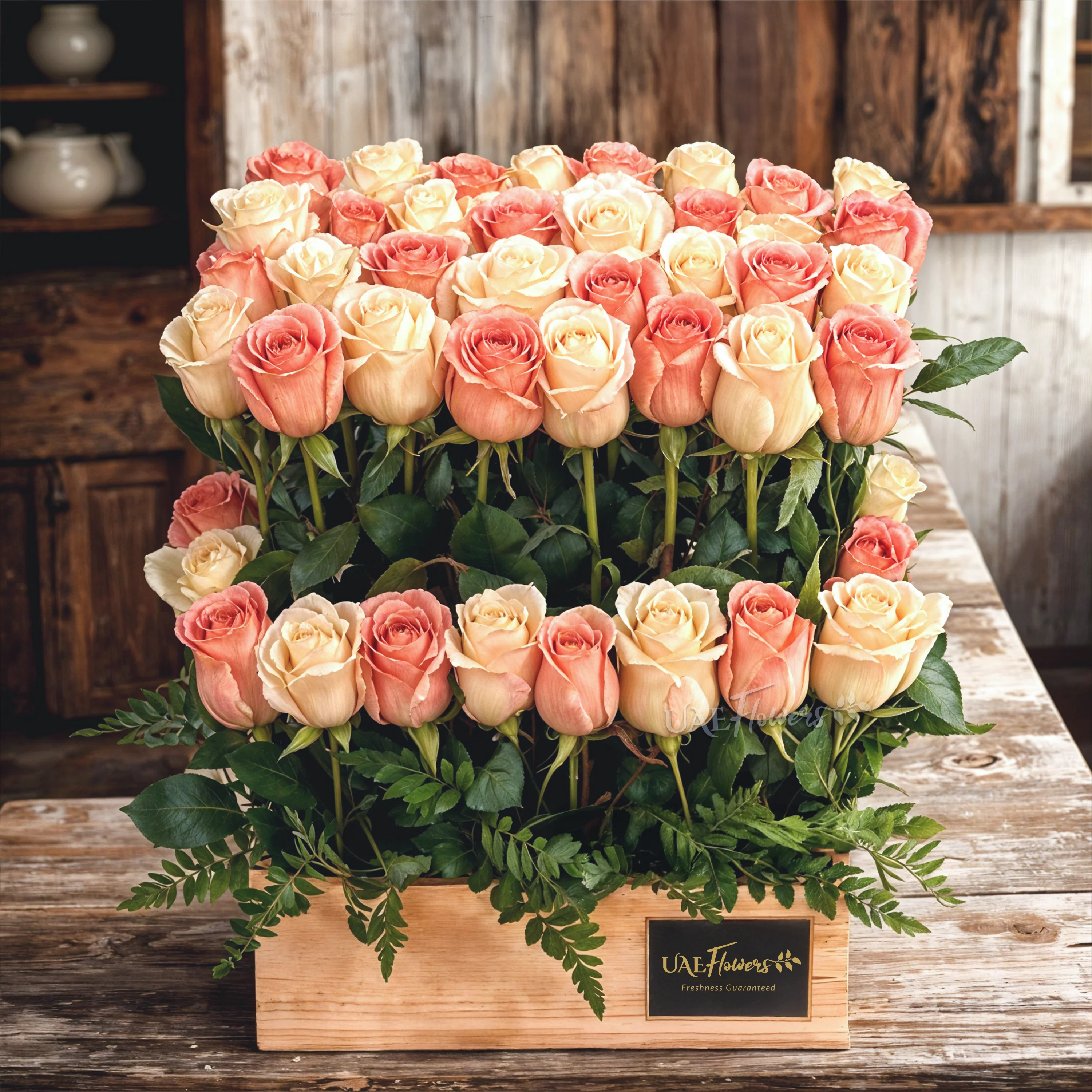 50 pink and white roses with green fillers in a wooden tray.