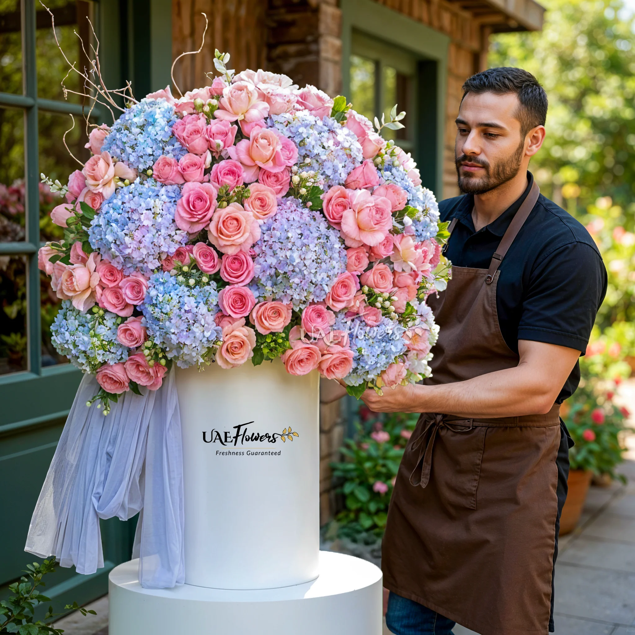 Blue hydrangeas and pink roses with green fillers and a blue net in a tall round box.