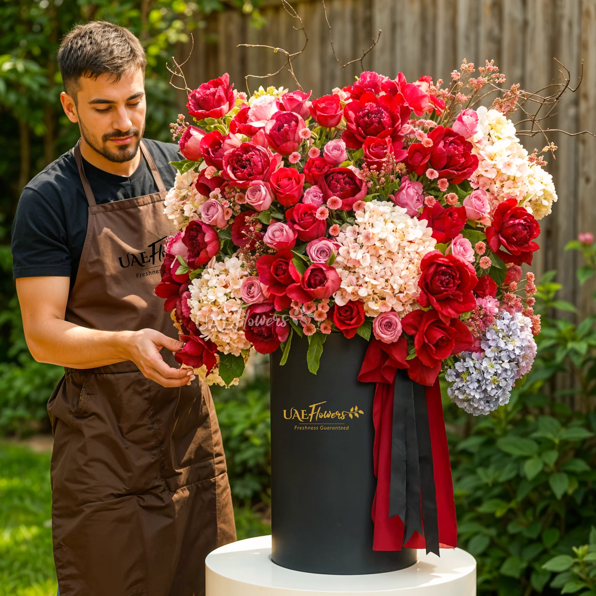 An arrangement of white hydrangeas, red peonies, red roses, purple roses, red chrysanthemums with green fillers and red net in a tall round box.