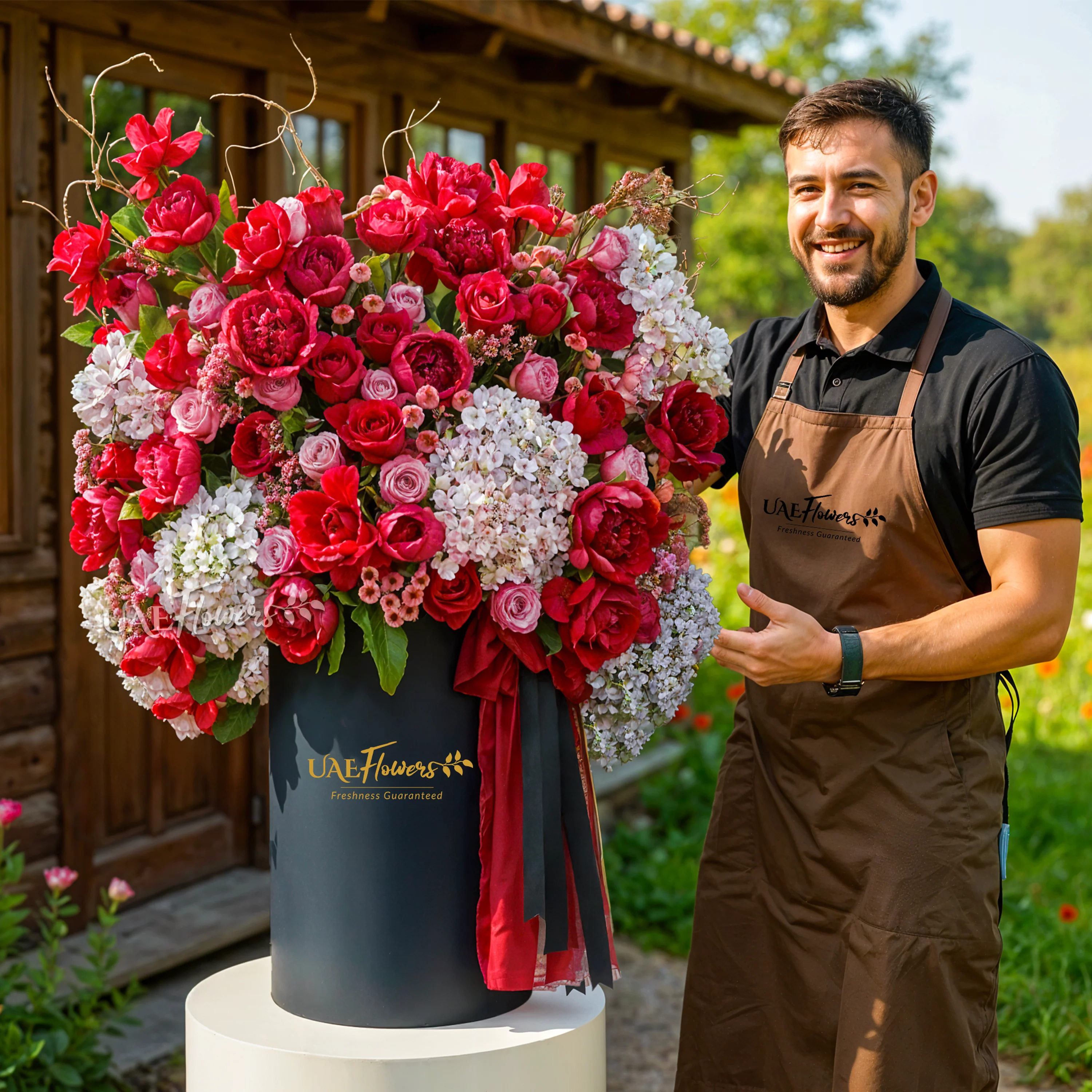 An arrangement of white hydrangeas, red peonies, red roses, purple roses, red chrysanthemums with green fillers and red net in a tall round box.