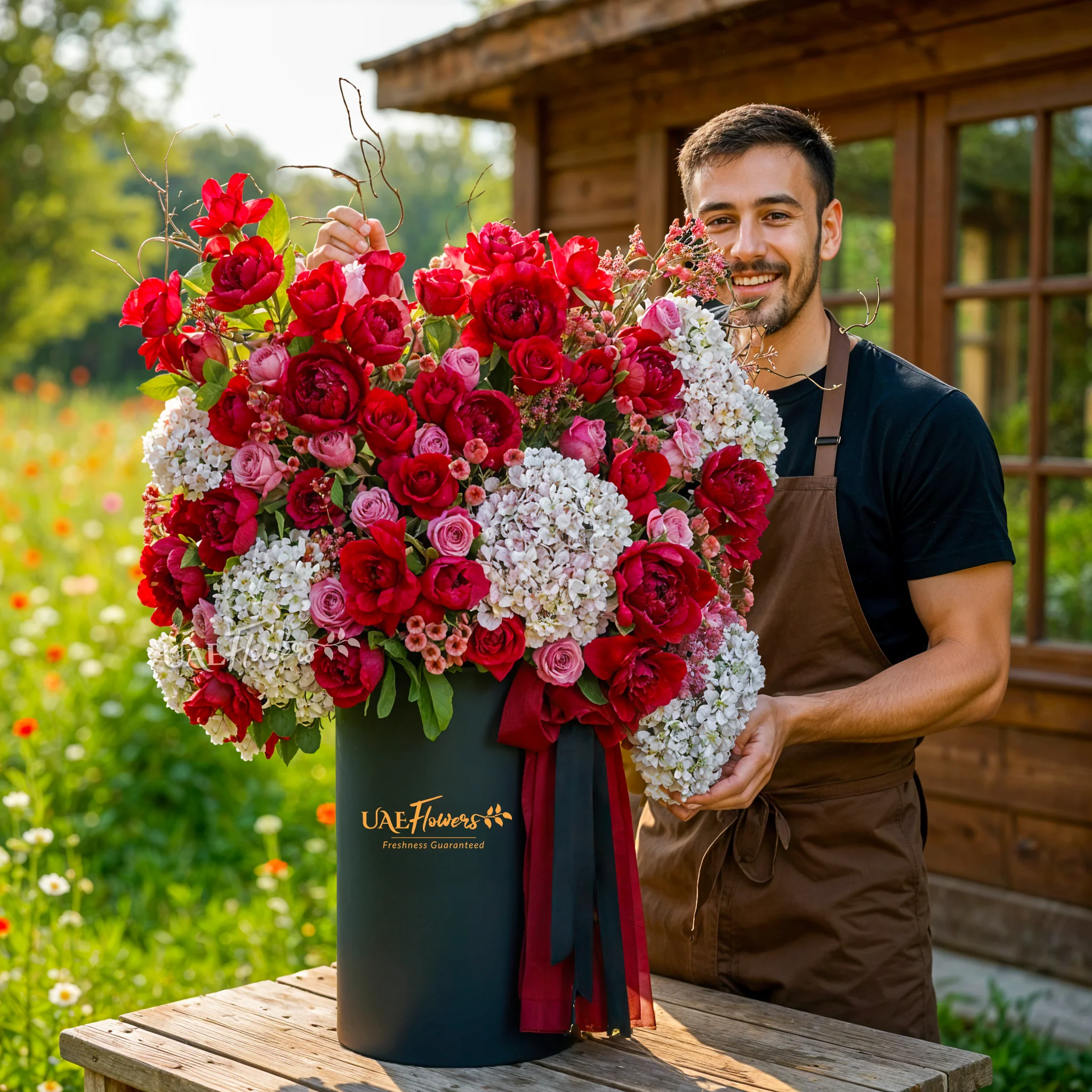 An arrangement of white hydrangeas, red peonies, red roses, purple roses, red chrysanthemums with green fillers and red net in a tall round box.
