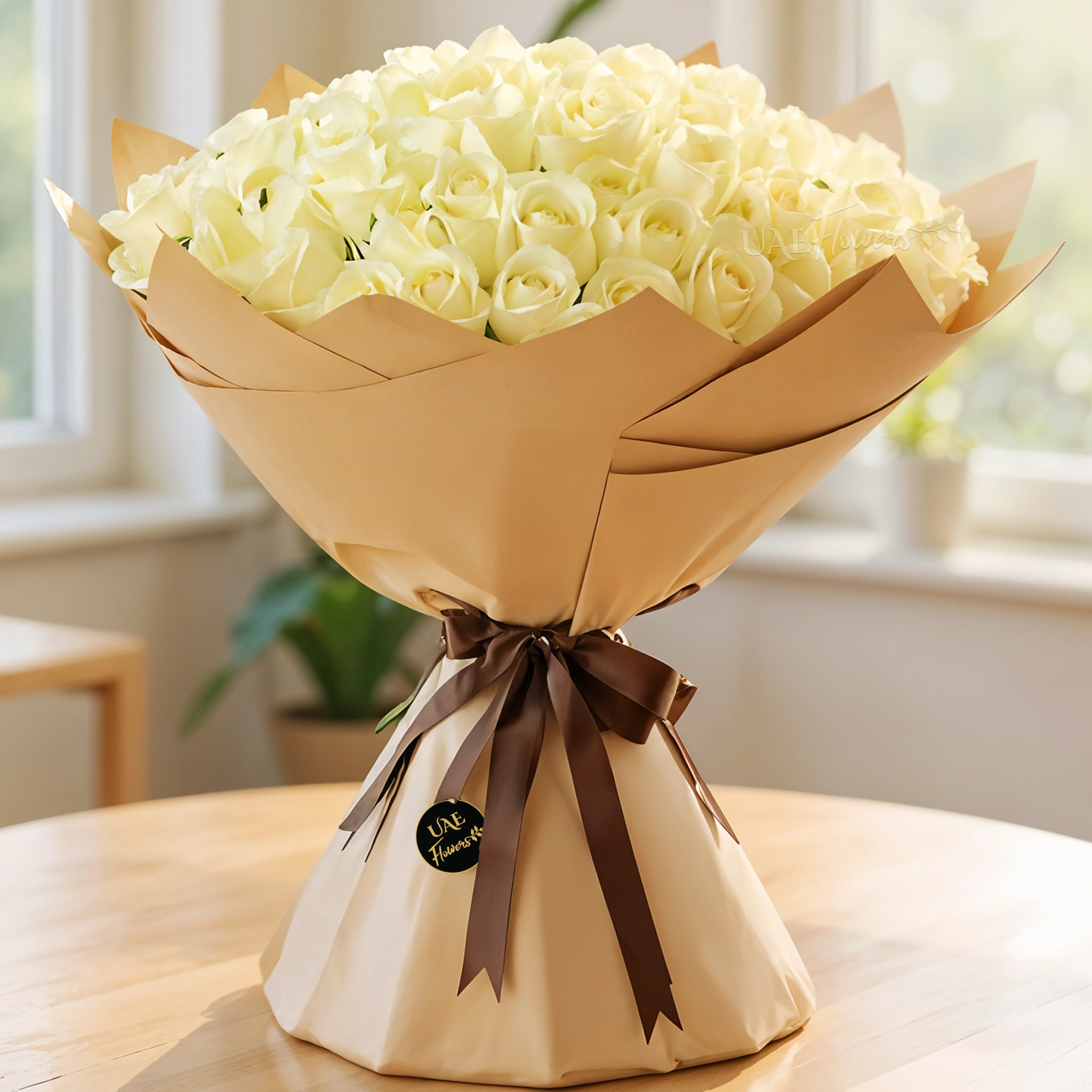A bouquet of 100 white roses in brown wrapping paper tied with brown ribbons