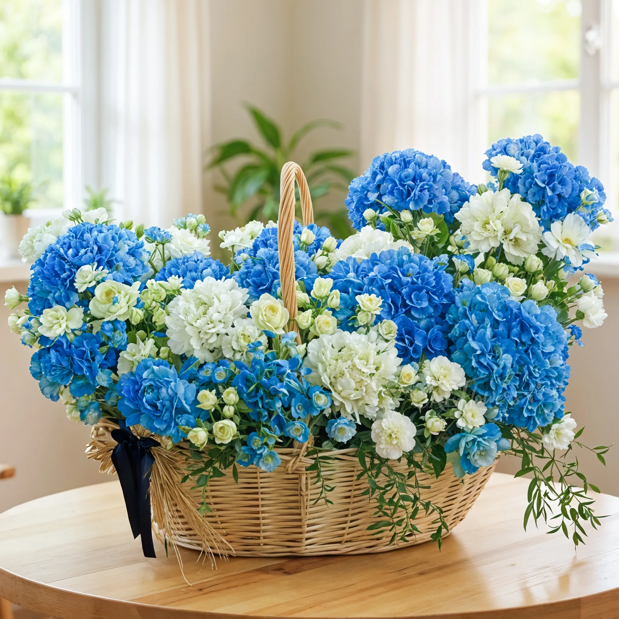 10 blue hydrangeas, 5 white hydrangeas, 30 white spray roses, 30 white carnations, 20 white roses,