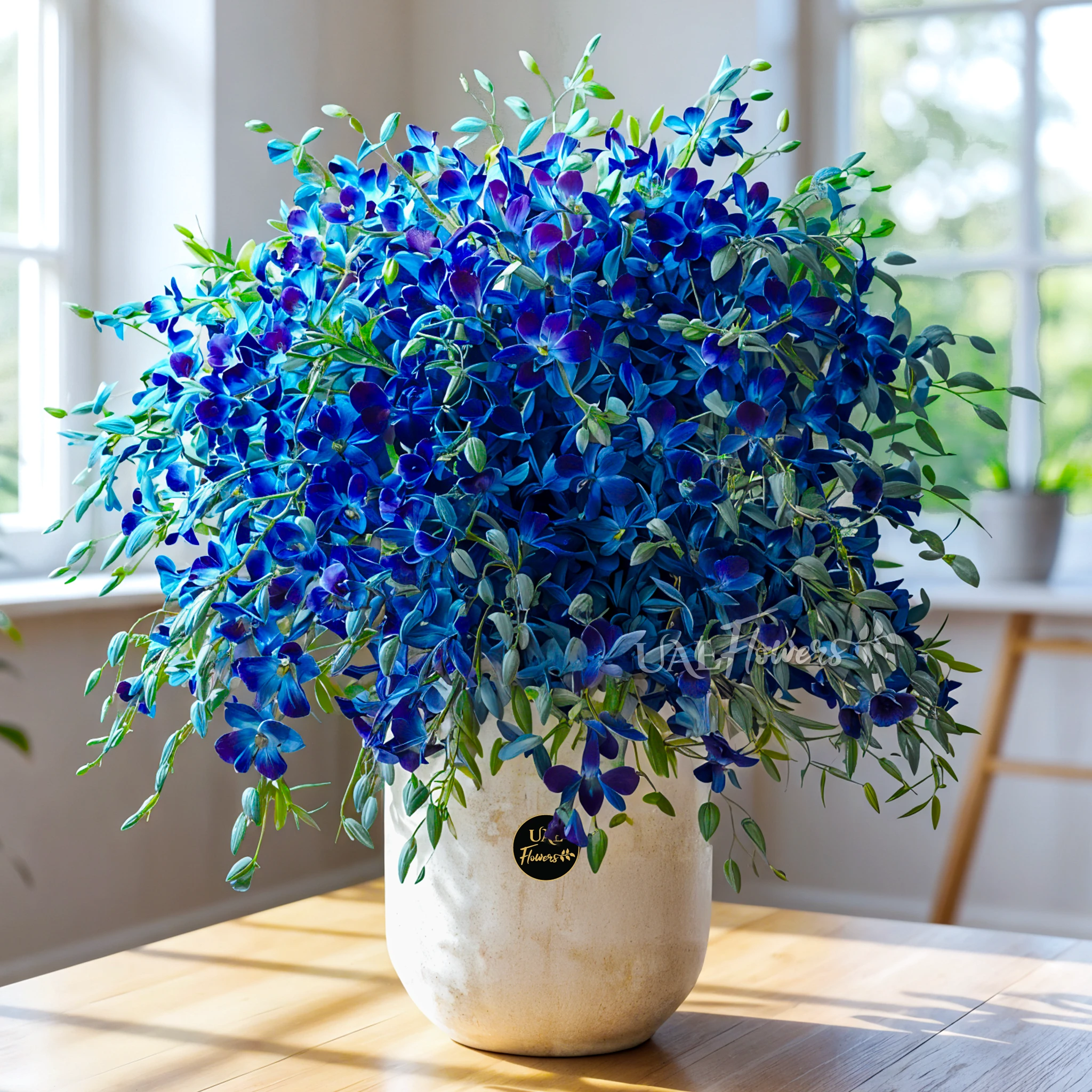 100 blue orchids with delicate fillers arranged in a pot