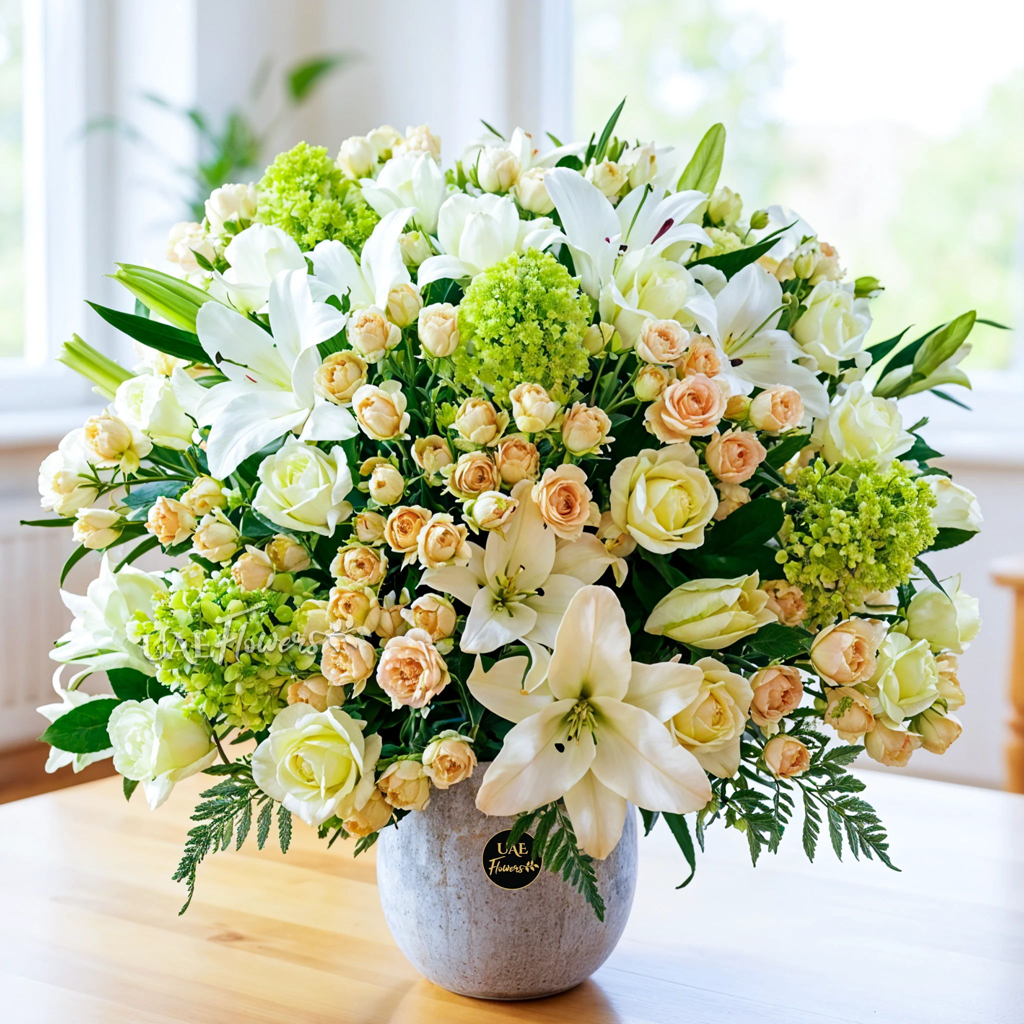 4 green hydrangeas, 6 white lilies, 10 garden roses, 10 peach spray roses, 6 peach roses and 4 white alstroemeria