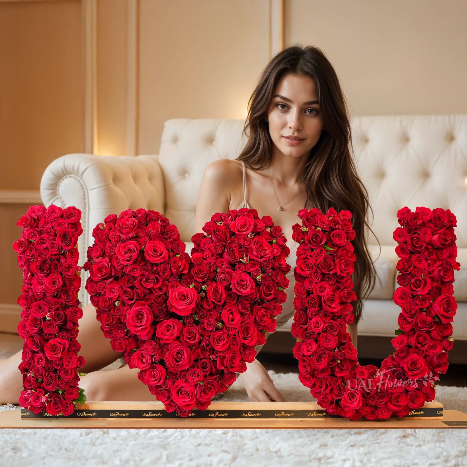 350 to 400 red spray rose buds arranged in an I Love You shape