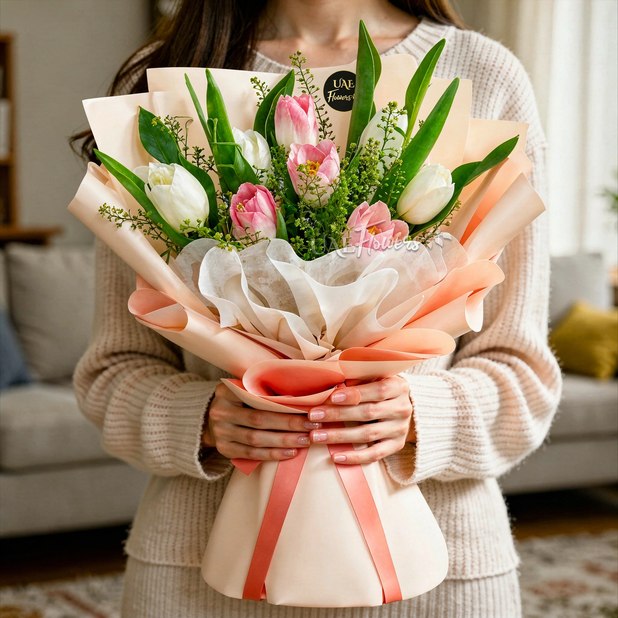 A bouquet of 10 white and pink tulips with fillers, wrapped in pink and white paper tied with pink ribbon A bouquet of 10 white and pink tulips with fillers, wrapped in pink and white paper tied with pink ribbon