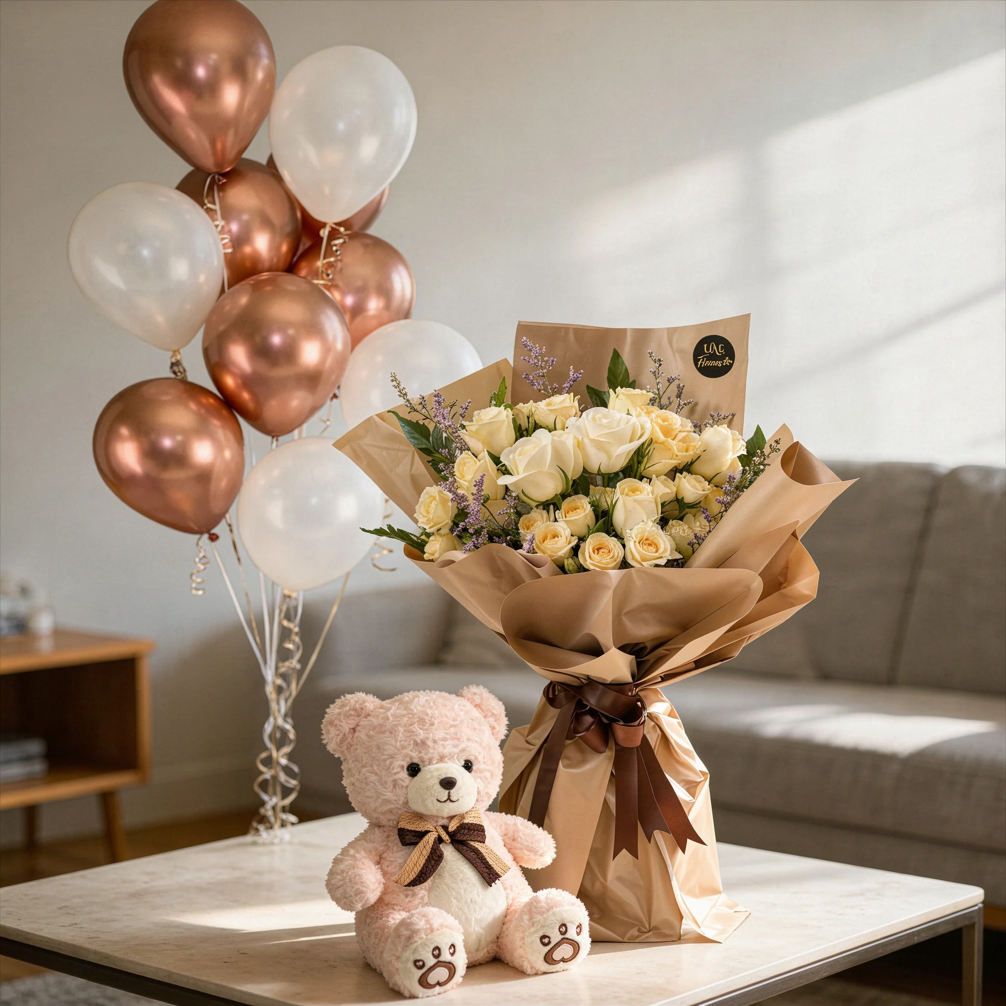 Peach Rose Bouquet with Teddy Bear and Gold White Balloons