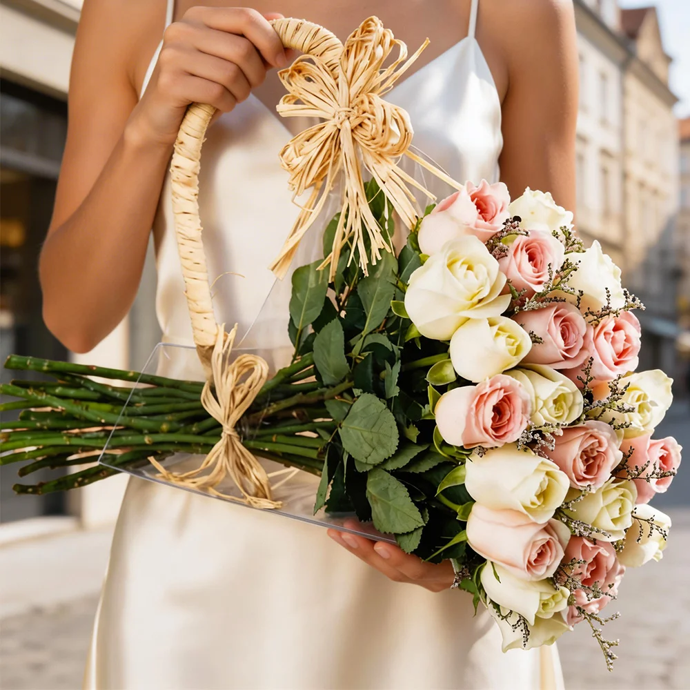bag with 10 pink roses and 10 white roses, tied with jute