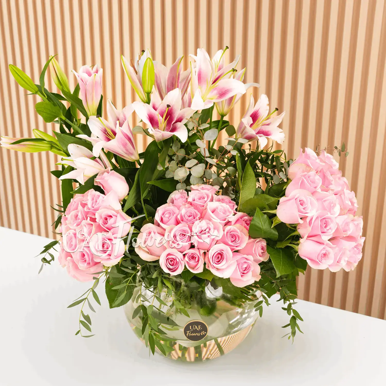 45 pink roses and 3 pink lilies