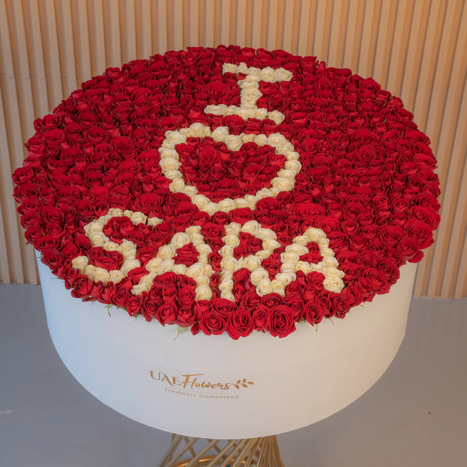 large flower box featuring 500 red rose buds and spray roses