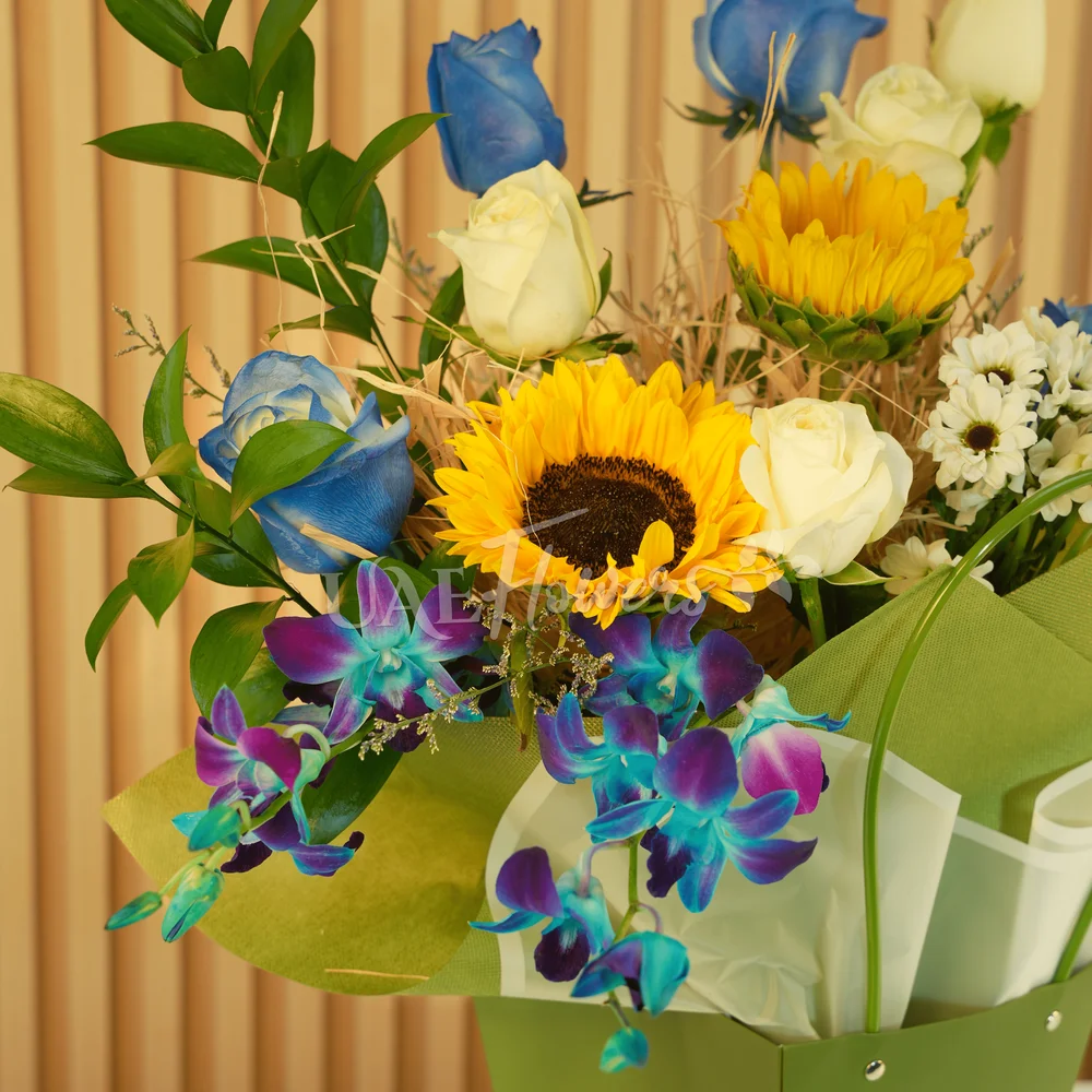sunflowers, white and blue roses, blue orchids, white chrysanthemums