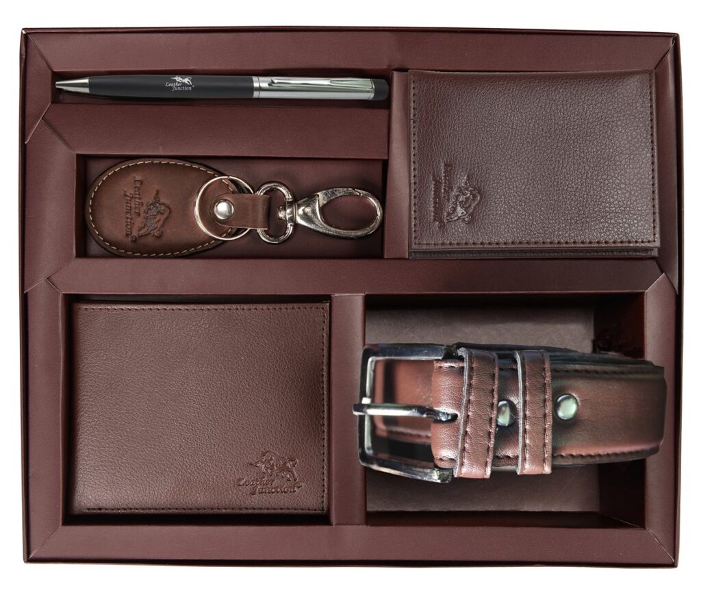 Personalized Leather Wallet, Leather Key Chain, Leather Belt with Stylish Pen in a Box.